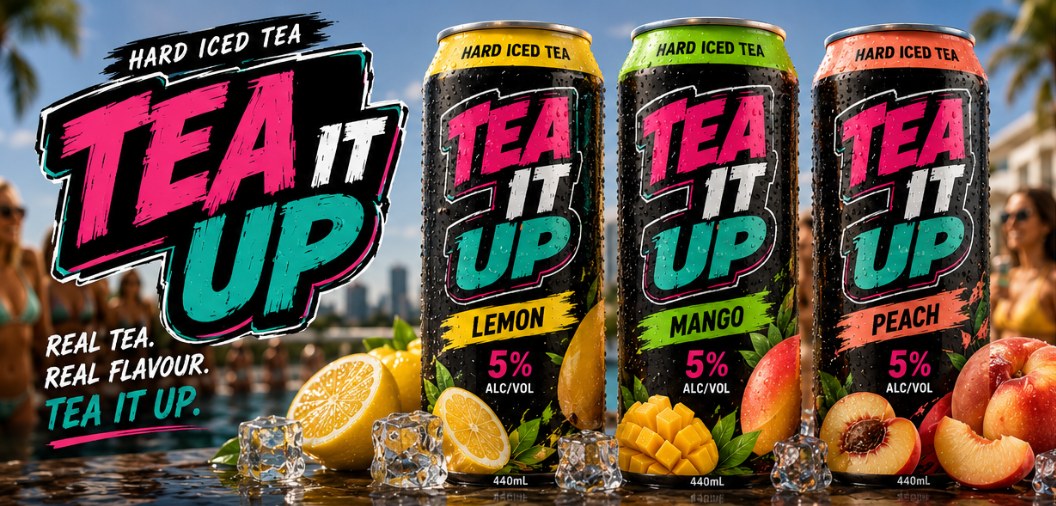 Tea It Up hard iced tea — Lemon, Mango and Peach cans poolside
